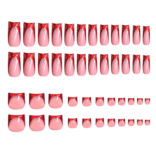 Snazzi Pink Shop Scarlet Heart matching manicure and pedicure set with metallic cherry-red French tips and heart art.