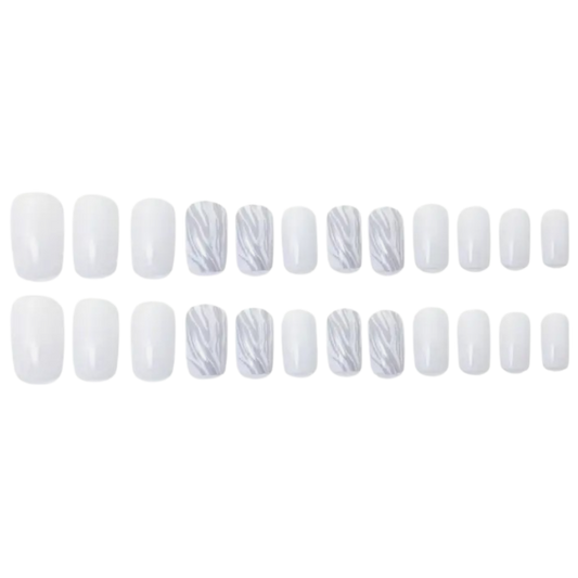 Snazzi Pink Shop Silver Flame medium square press-on nails with white base and glossy silver chrome swirl accents