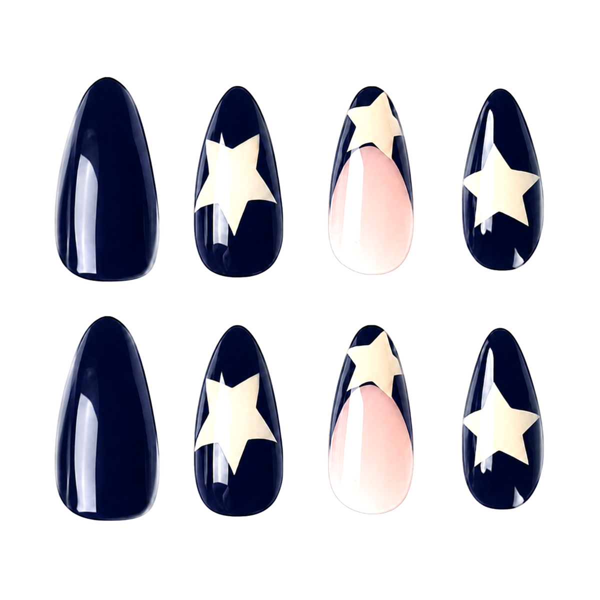 Snazzi Pink Shop Star Player long almond press-on nails with glossy navy blue, nude accents, and white star designs.