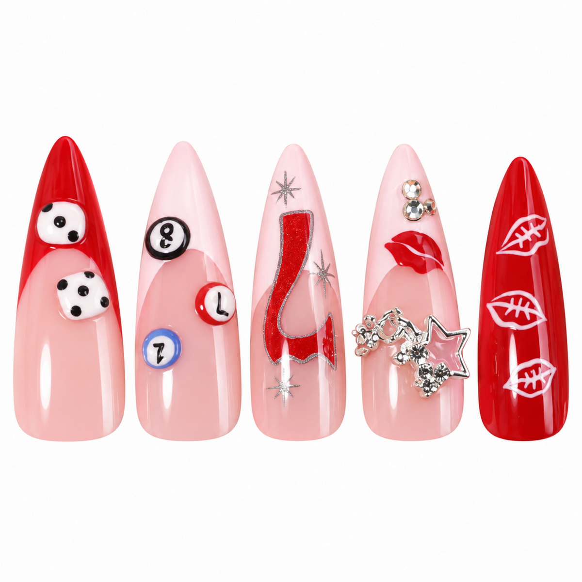 Snazzi Pink Shop Card Queen extra long stiletto press-on nails with casino-themed charms, red, pink, and white finish.