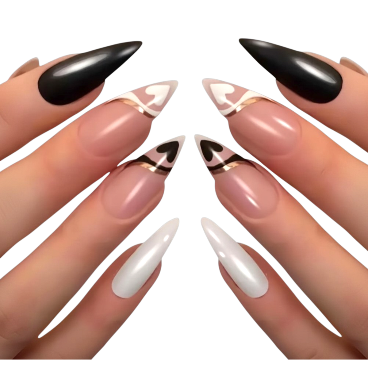 Snazzi Pink Shop extra long stiletto press-on nails with black, white, and gold heart French tip swirl designs.