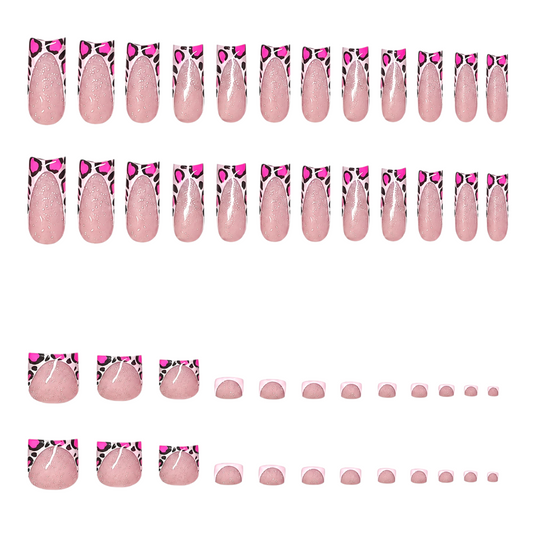 Snazzi Pink Shop Wild Orchid matching nail and toe set with hot-pink leopard French tips and sheer nude shimmer base.