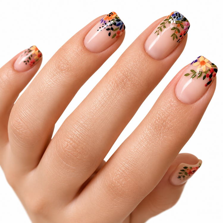 A close-up of a hand with manicured nails decorated with a floral pattern on a clean white background.