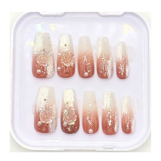 Rose Reign Long Coffin Press On Nails | Handmade Bridal Nails with Pearls, Roses & Pink Accents | Luxury Reusable Ombre Nails