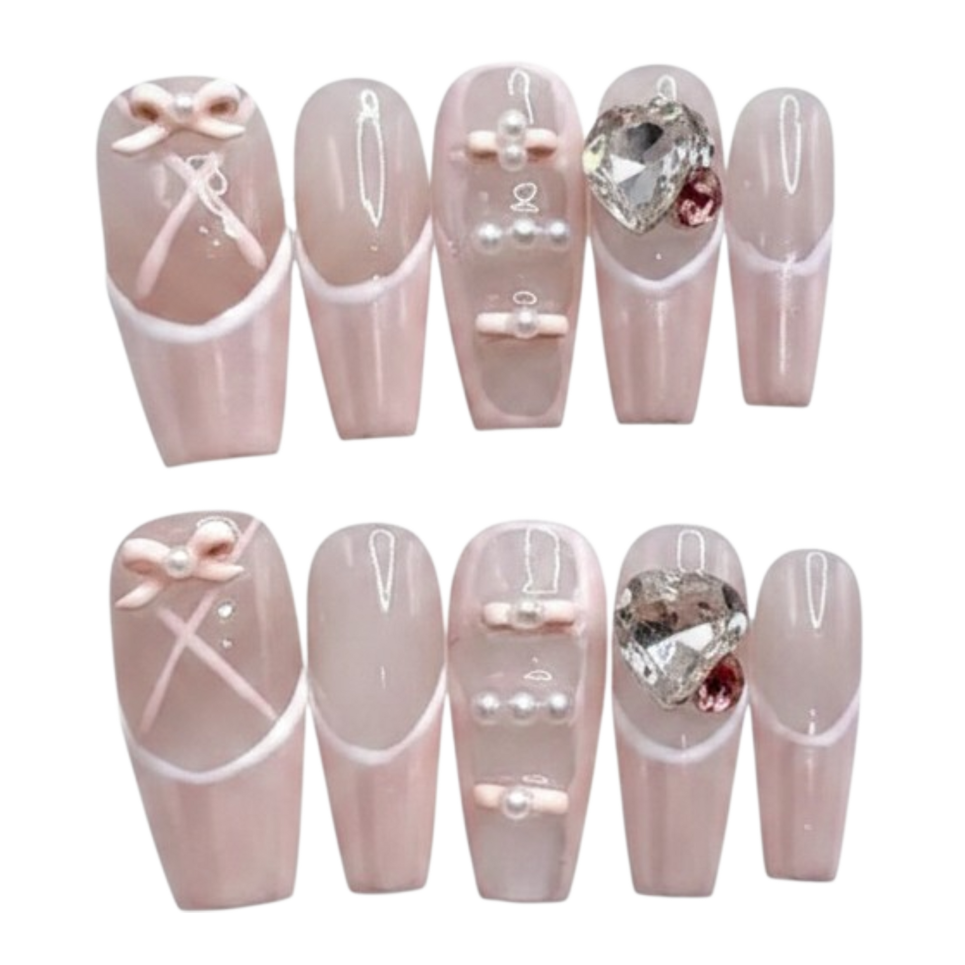 Ballet Crush long coffin handmade nails with pearly pink finish, bows, pearls and heart crystals
