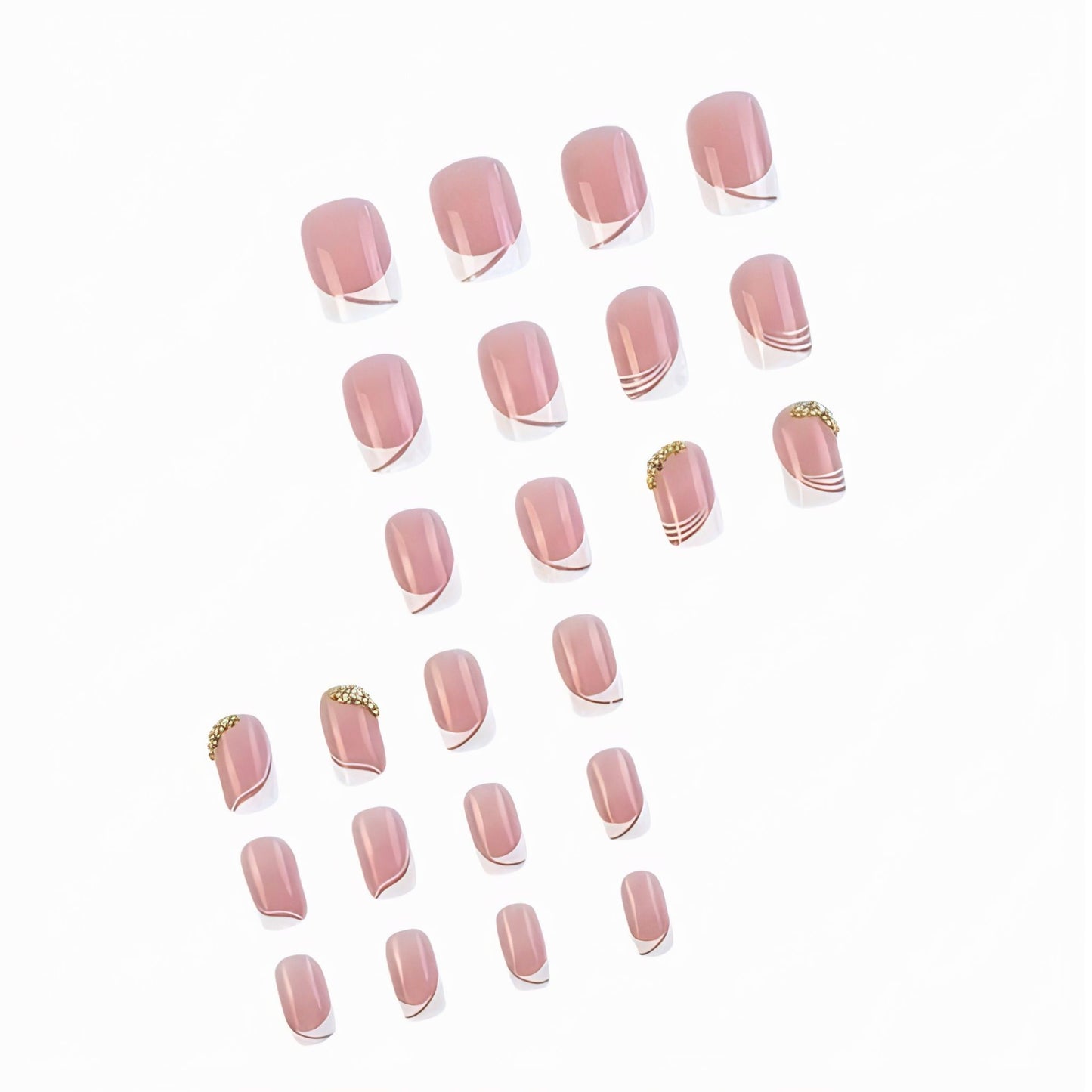 Blush Curve | Short Square Press On Nails | Blush Pink French Tip with Wave Lines & Gold Rhinestones