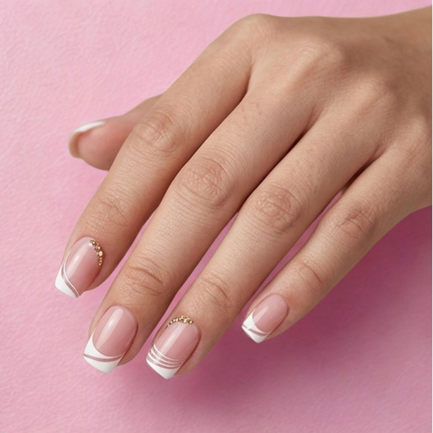 Blush Curve | Short Square Press On Nails | Blush Pink French Tip with Wave Lines & Gold Rhinestones
