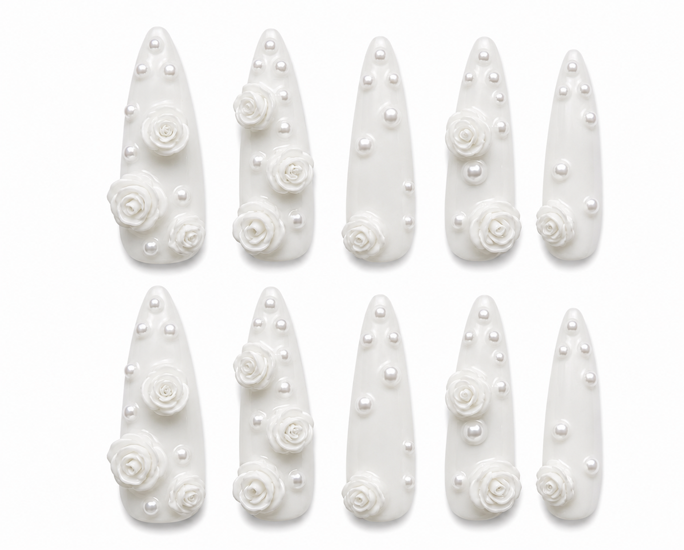 Bridal Reverie extra-long ivory stiletto handmade nails with white roses and pearl accents