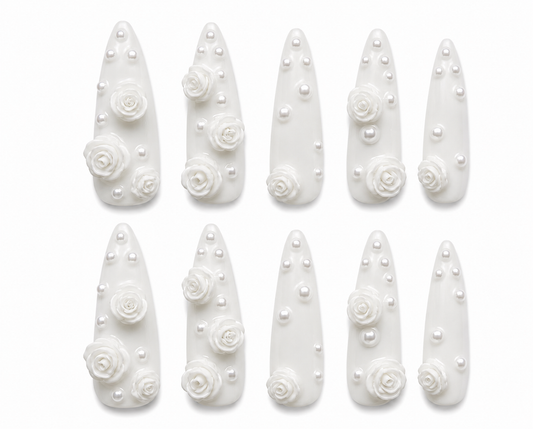 Bridal Reverie extra-long ivory stiletto handmade nails with white roses and pearl accents