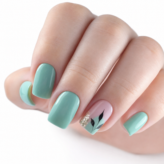 Mint Leaf | Medium Square Mint Green Leaf Press-On Nails
