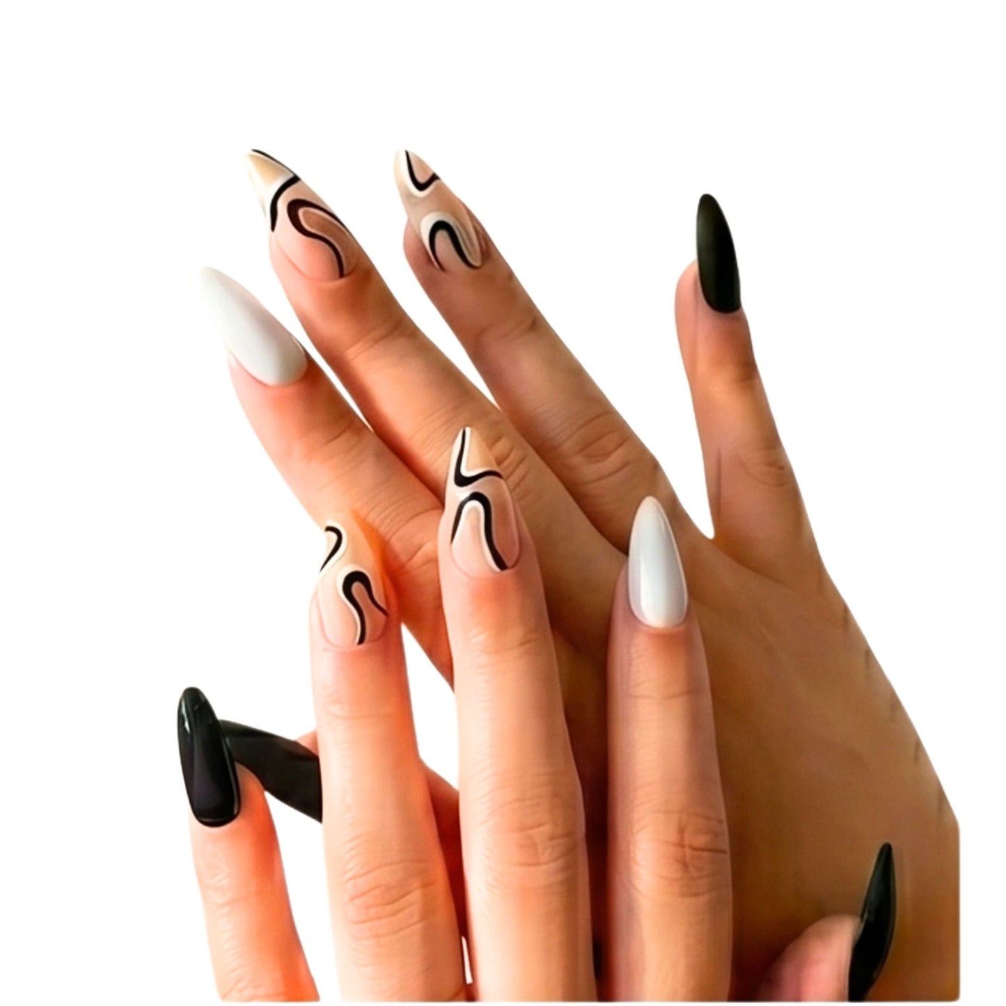 Long almond press-on nails with abstract contour swirl designs, and black, red and green accent nails with glossy finish.