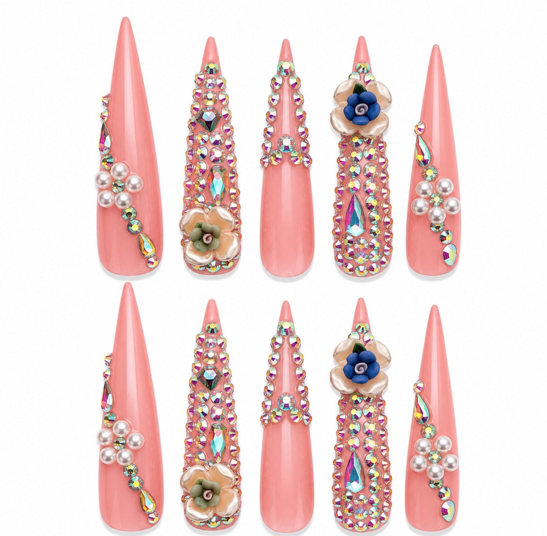 Crystal Empress 4XL Luxe pink stiletto handmade nails with iridescent crystals, pearls and floral accents.