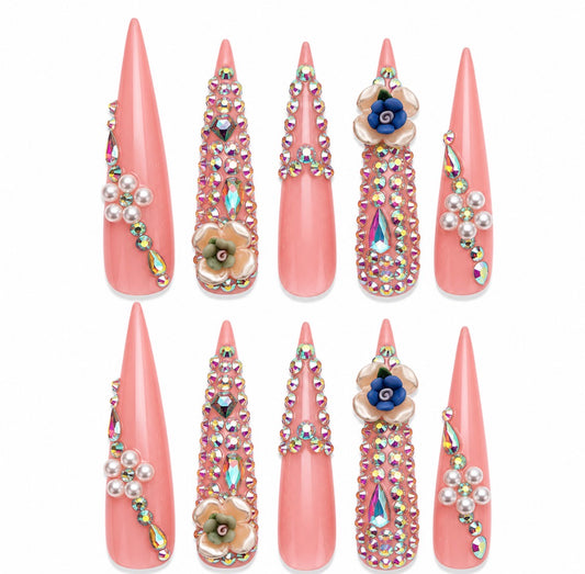 Crystal Empress 4XL Luxe pink stiletto handmade nails with iridescent crystals, pearls and floral accents.