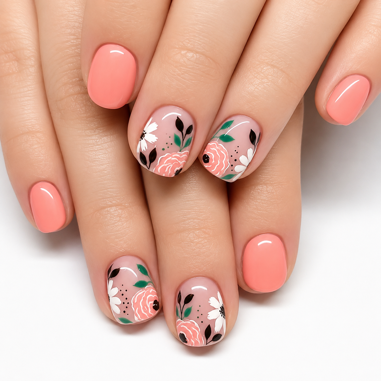 Garden Kiss short squoval floral press-on nails in peach with white flowers, green leaves, and glossy accent nails