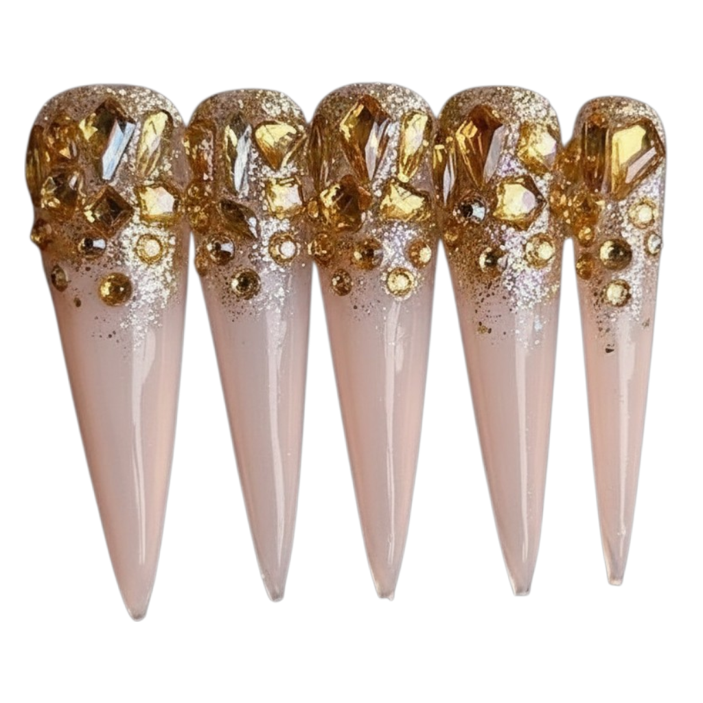 Jeweled Reign 2XL Luxe stiletto handmade nails with amber-gold crystals, glitter and rhinestones.