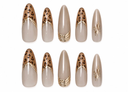 Golden Instinct long coffin handmade press-on nails with leopard print and sculpted gold accents