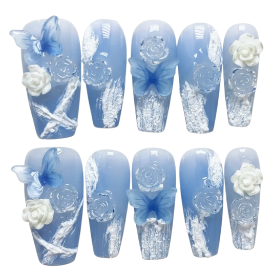Azure Garden Long Coffin Handmade Nails