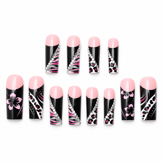 Midnight Hibiscus Extra Long Square Press-On Nails