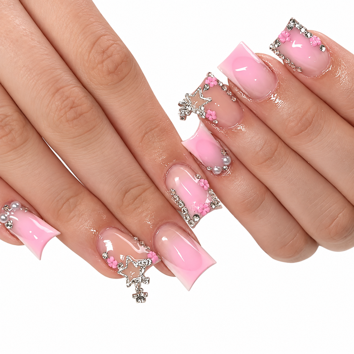 Pink Starfall Medium Duckbill Press-On Nails
