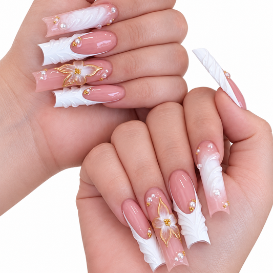 Pearl Petals Extra Long Square Press-On Nails