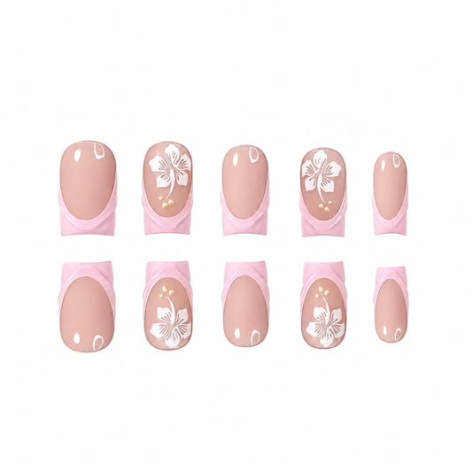 Pink Hibiscus Long Square Press-On Nails