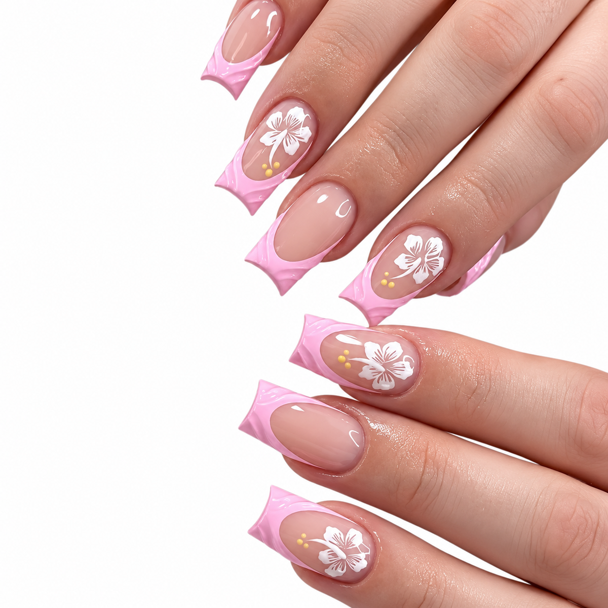 Pink Hibiscus Long Square Press-On Nails