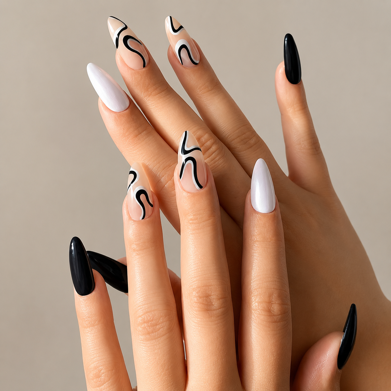 Modern Muse Long Almond Press-On Nails | Abstract Swirl Design in Black, Emerald Green & Wine Red