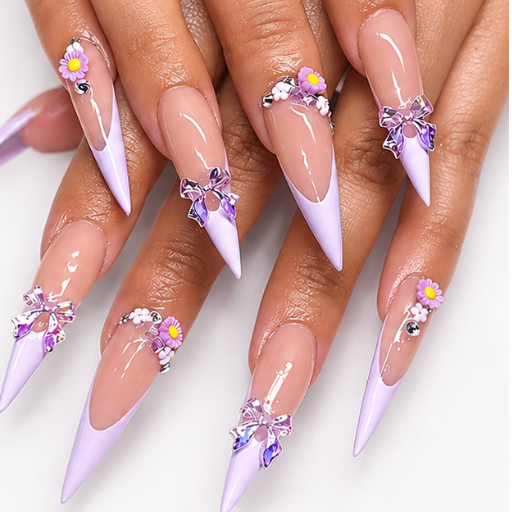 Lavender Drip Extra Long Stiletto Press-On Nails | Lavender French Tips with Crystal Bows & Daisy Charms