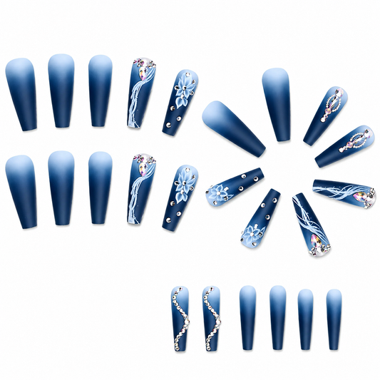 Blue Midnight Coffin Press-On Nails | Rhinestone Floral Glam