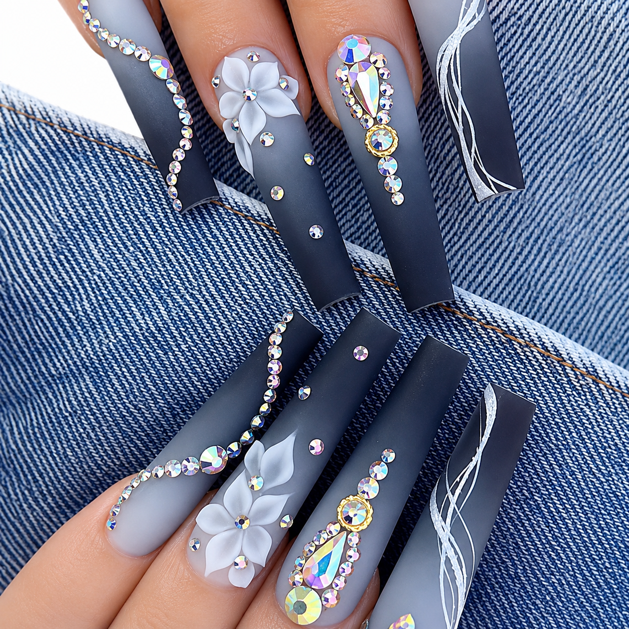 Blue Midnight Coffin Press-On Nails | Rhinestone Floral Glam
