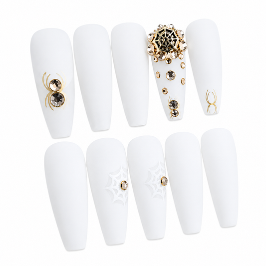White Widow Coffin Press-On Nails | Luxe Spider Web Nails