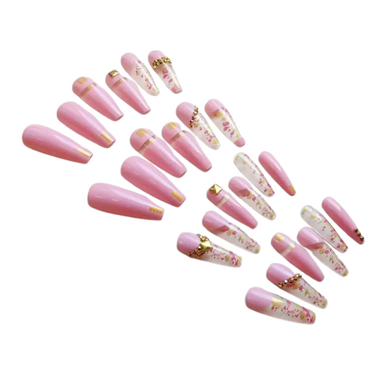 Pink Confetti Coffin Press-On Nails | Clear Glitter Glam Nails