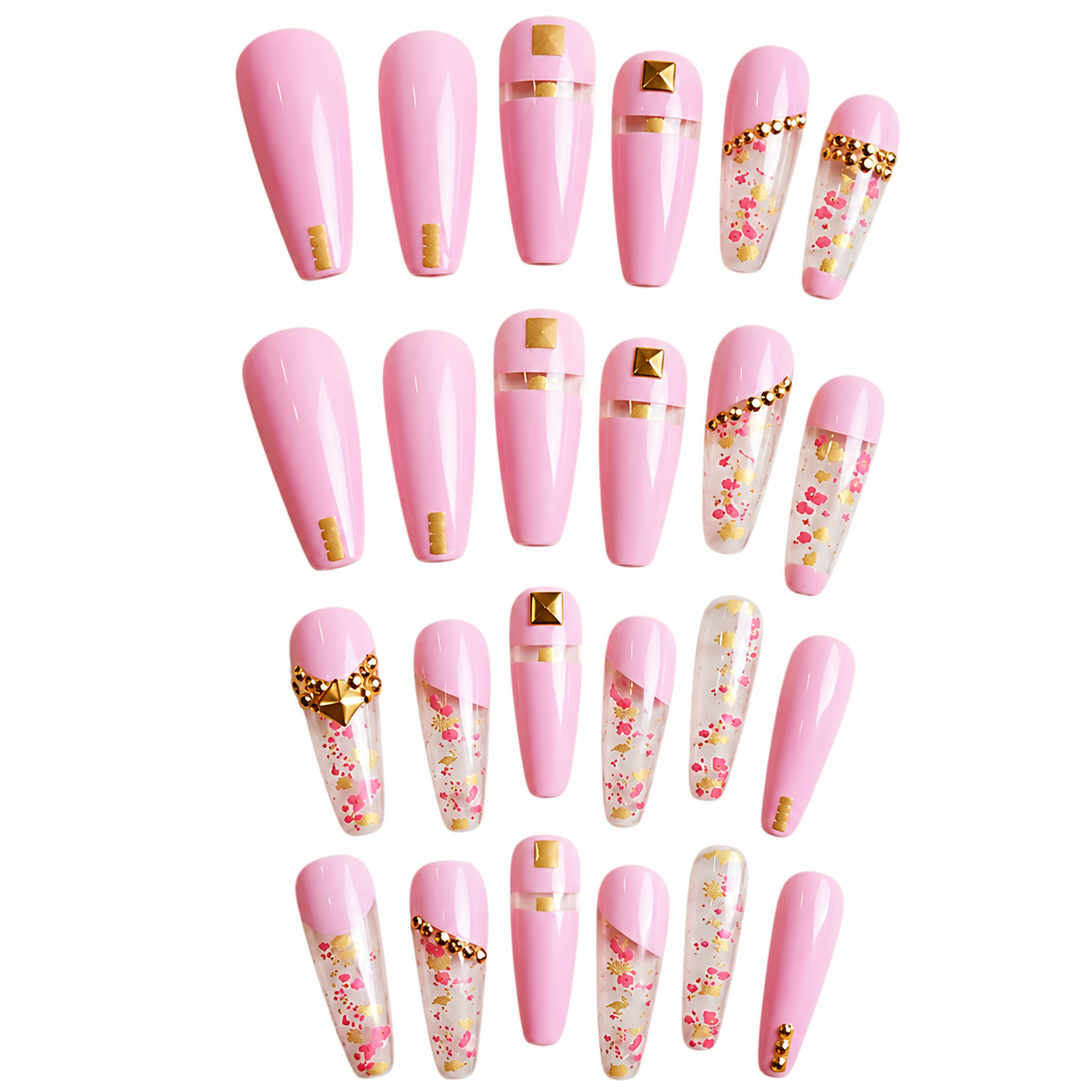 A set of artificial press-on nails arranged in rows on a plain white background. The nails are predominantly glossy light pink, with some clear nails decorated with pink floral patterns, gold metallic bands, and a gold bow accent.