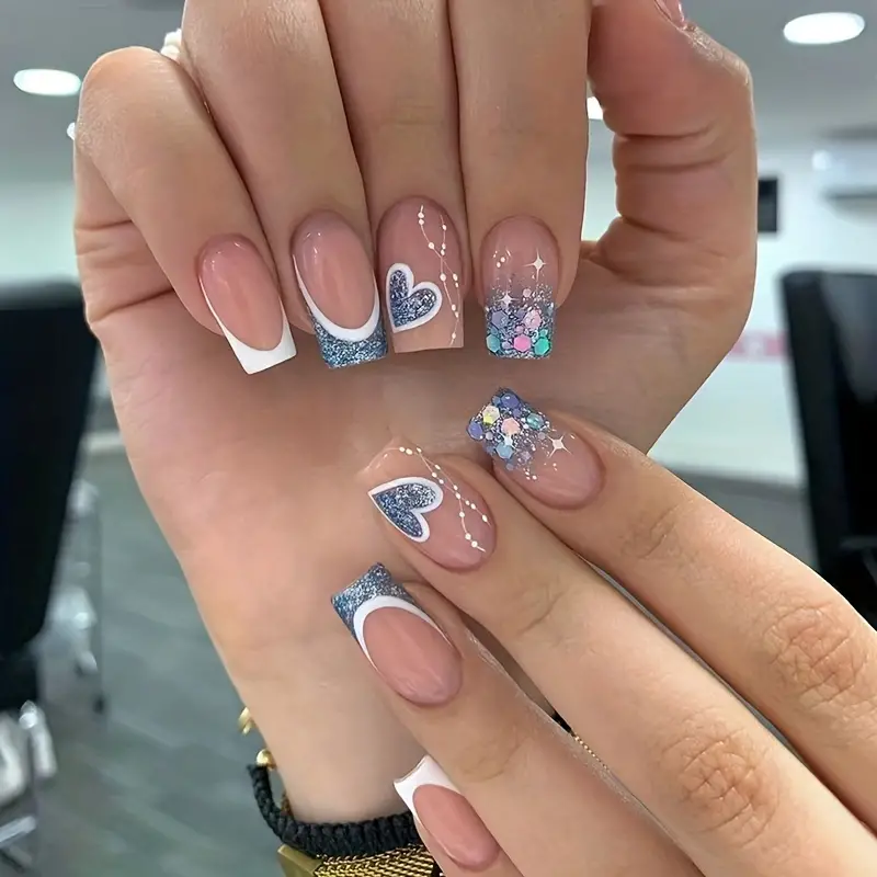 Blue Glitter Heart Nails