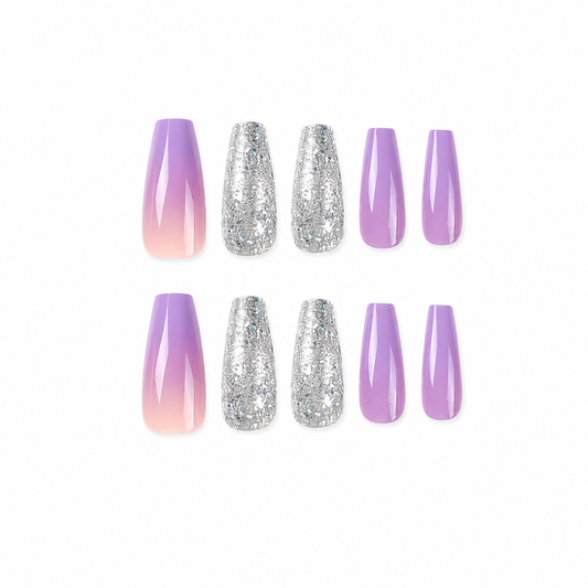 Lavender Ice Coffin Press-On Nails | Crystal Glitter Ombré Nails