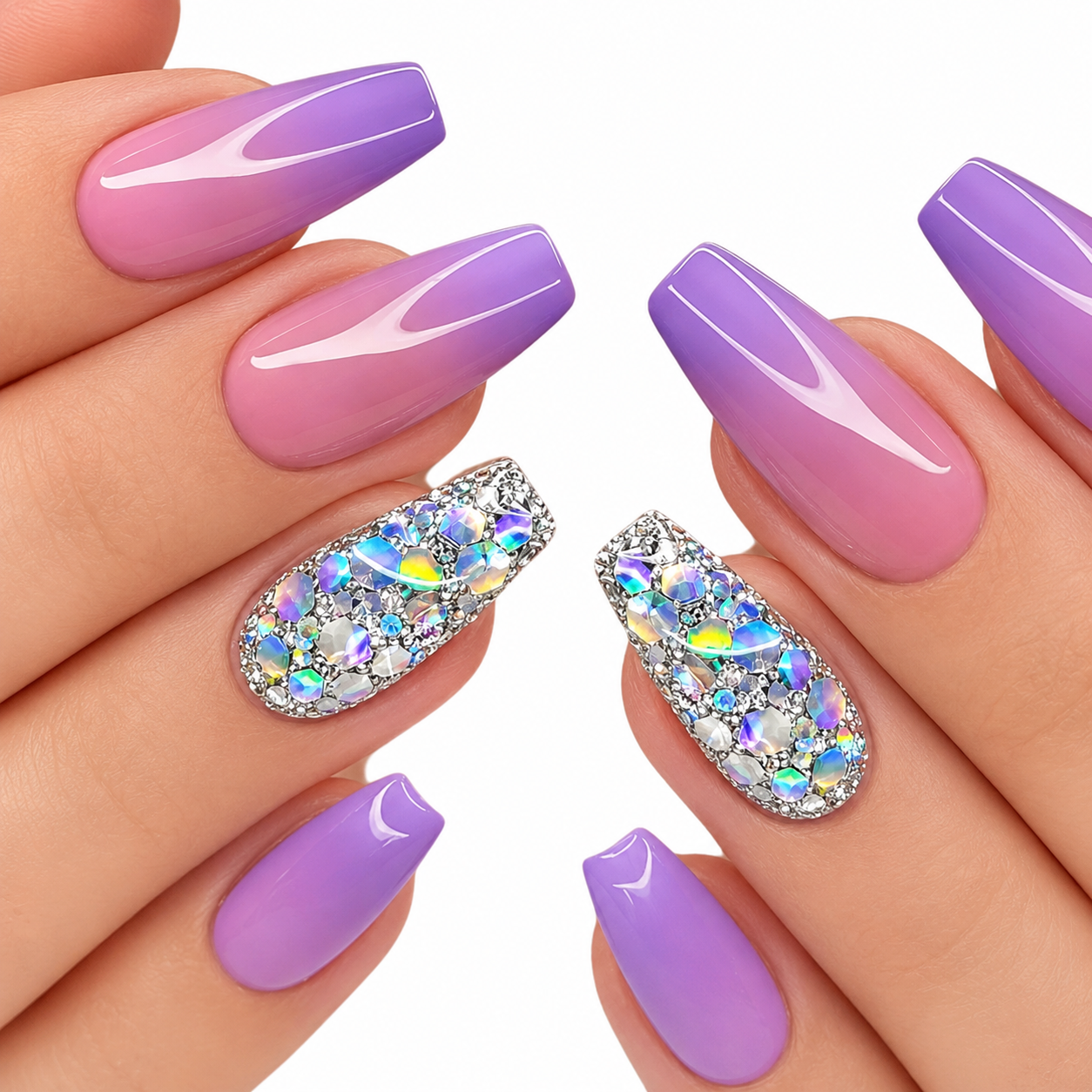 Lavender Ice Coffin Press-On Nails | Crystal Glitter Ombré Nails