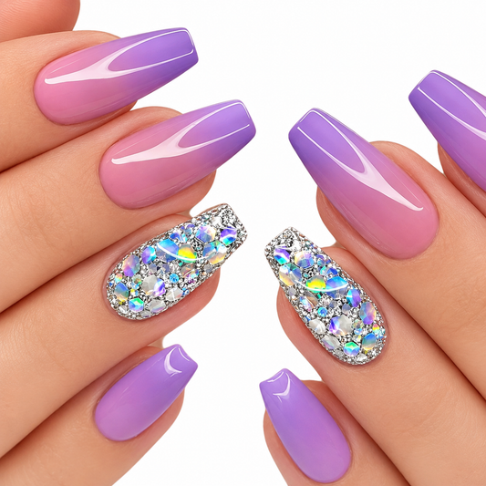 Lavender Ice Coffin Press-On Nails | Crystal Glitter Ombré Nails