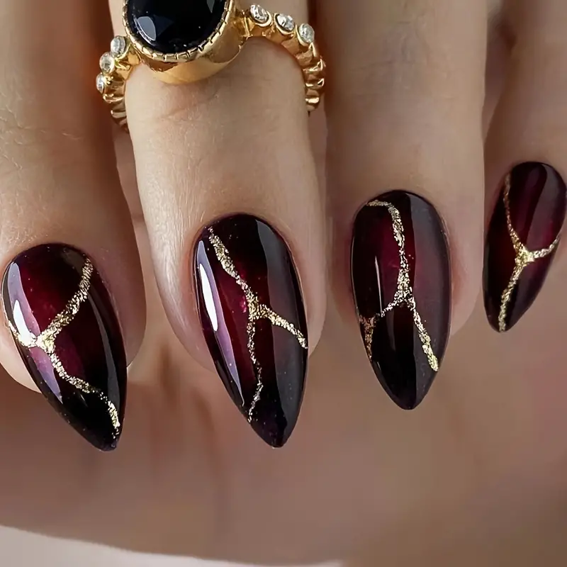 Blood Red and Gold Nails