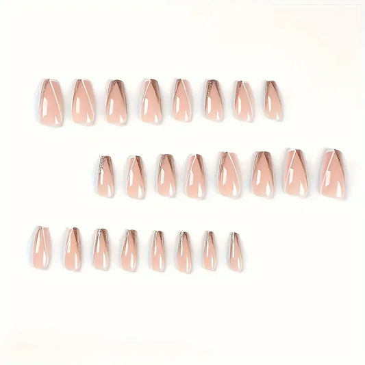 A set of false press-on nails arranged in three rows on a plain white background. The nails are almond-shaped with a glossy nude-pink base and a metallic rose gold shimmer along the tips.