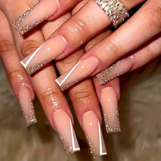 White Line Glitter Nails