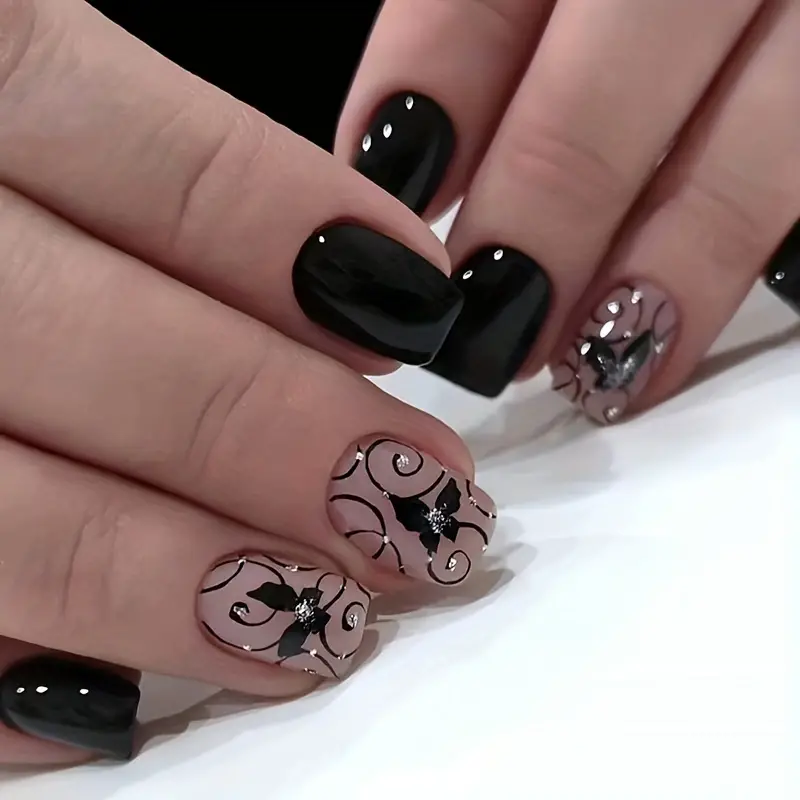 Black Butterfly Swirl Nails