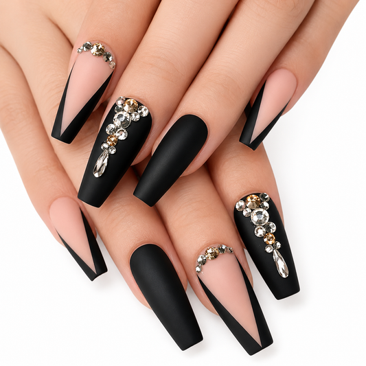 Midnight Heiress | Black Rhinestone Long Coffin Press-On Nails