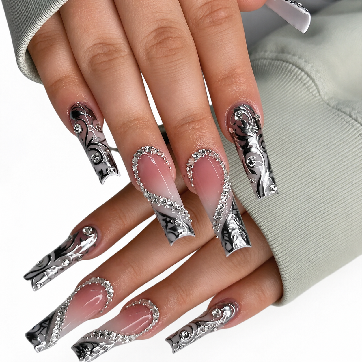 Silver Siren | XL Coffin Chrome Press-On Nails