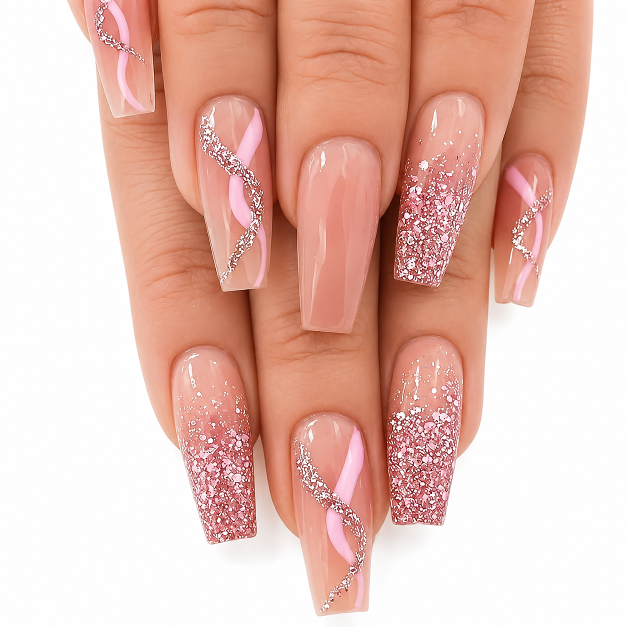 Rose Ribbon | Long Coffin Rose-Gold Press-On Nails