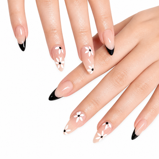 Midnight Daisy | Long Almond Floral Press-On Nails