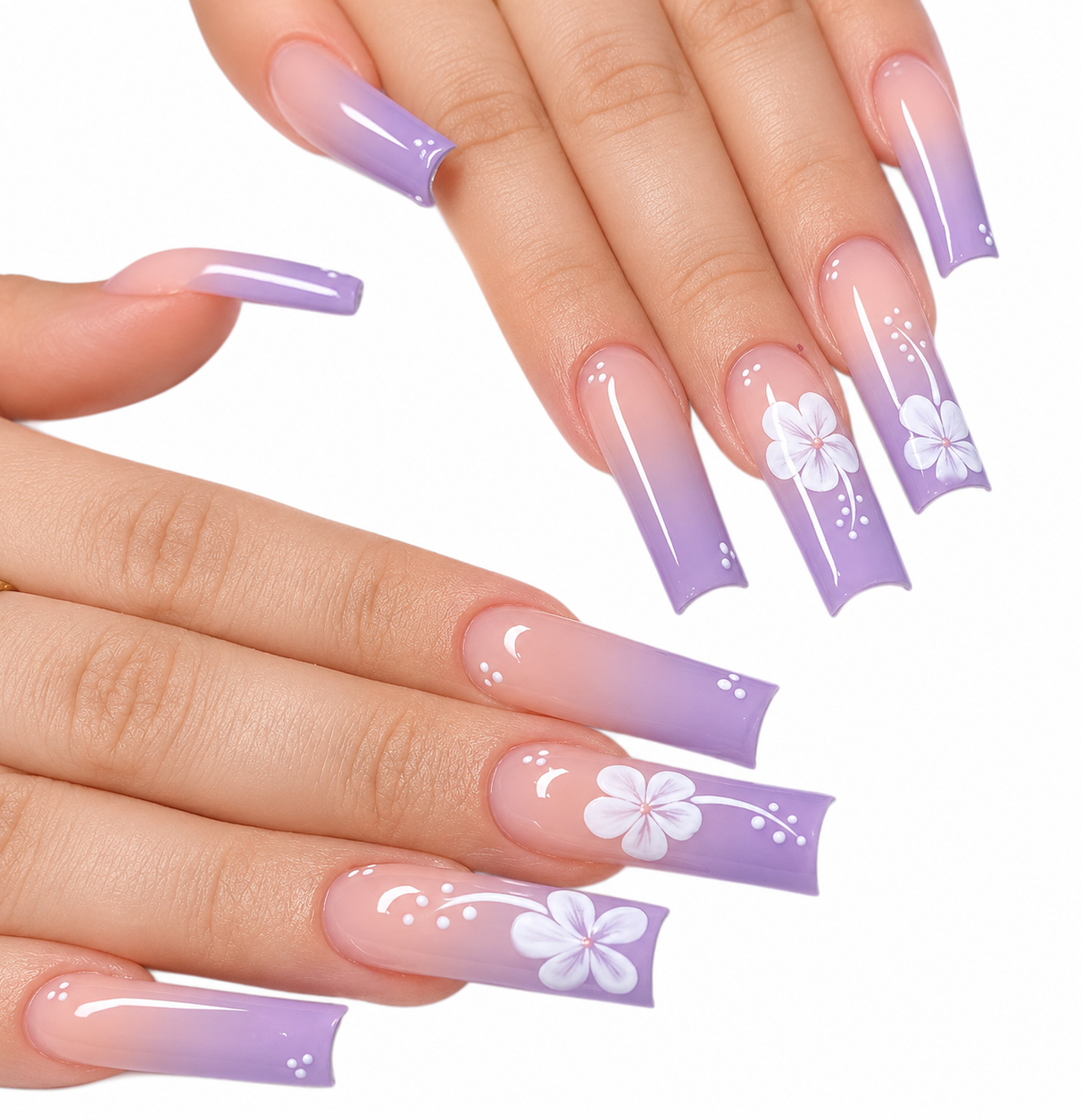 Violet Breeze | XL Coffin Floral Ombré Press-On Nails