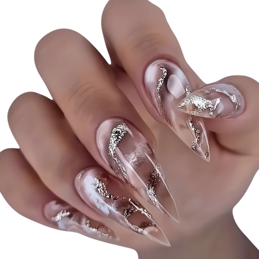 Silver Smoke | Long Stiletto Marble Press-On Nails