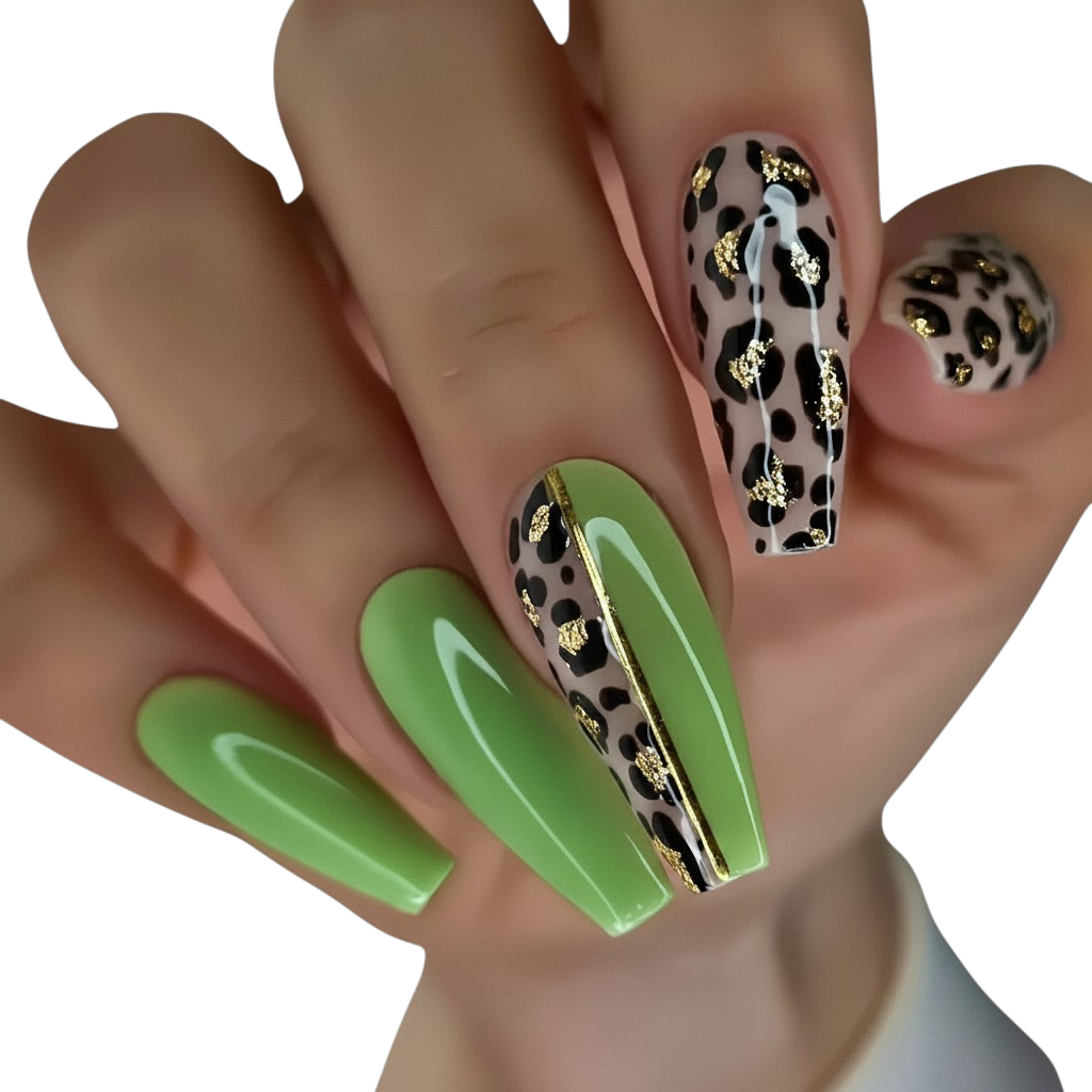 Lime Instinct | Extra-Long Leopard Coffin Press-On Nails