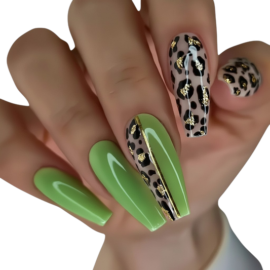 Lime Instinct | Extra-Long Leopard Coffin Press-On Nails