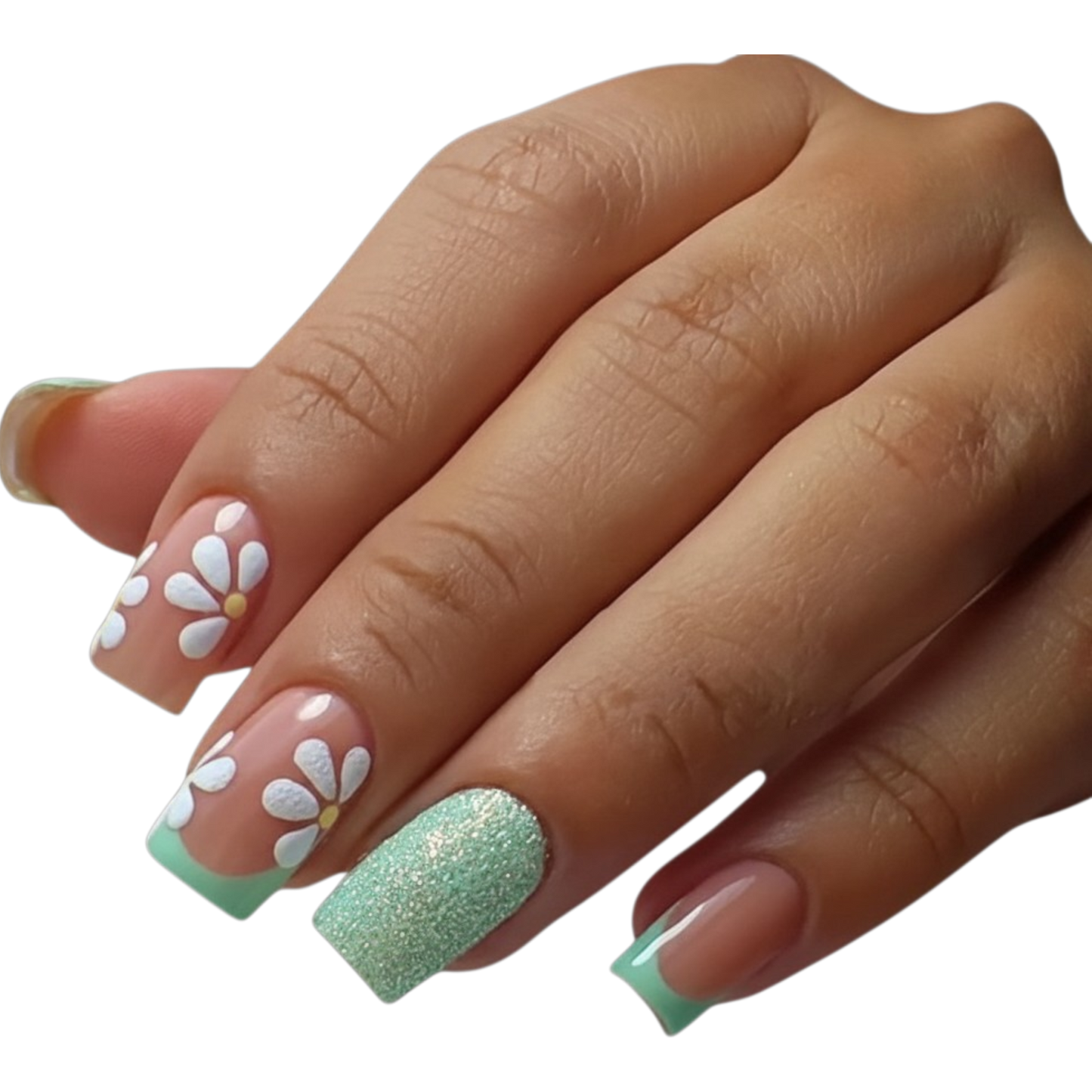 Mint Daisy | Medium Square Floral Press-On Nails